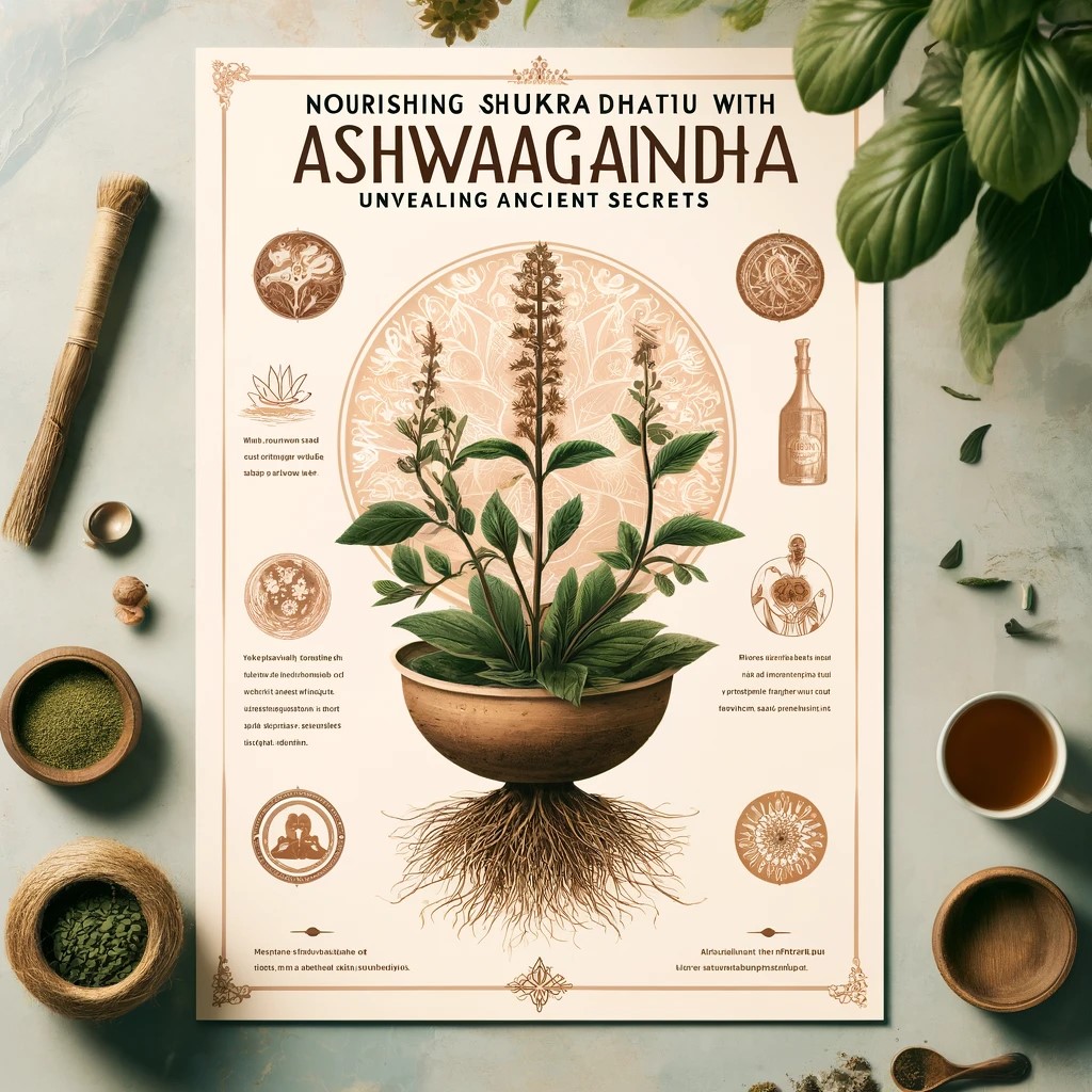 Illustrative poster of Ashwagandha plant highlighting its health benefits for Ayurvedic practices